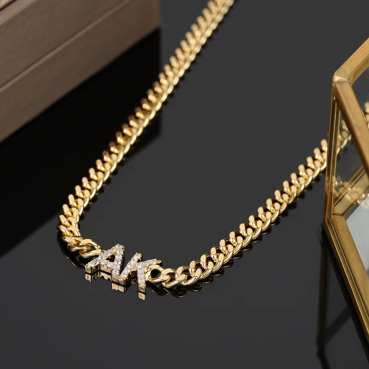 Custom Zircon Letter Cuban Chain Necklace, Personalized Stainless Steel Nameplate Jewelry Gift for Women-QN8081