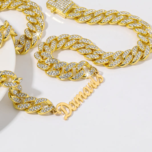Custom Hiphop Name Necklace With12mm Rhinestone Cuban Chain - QHH3379