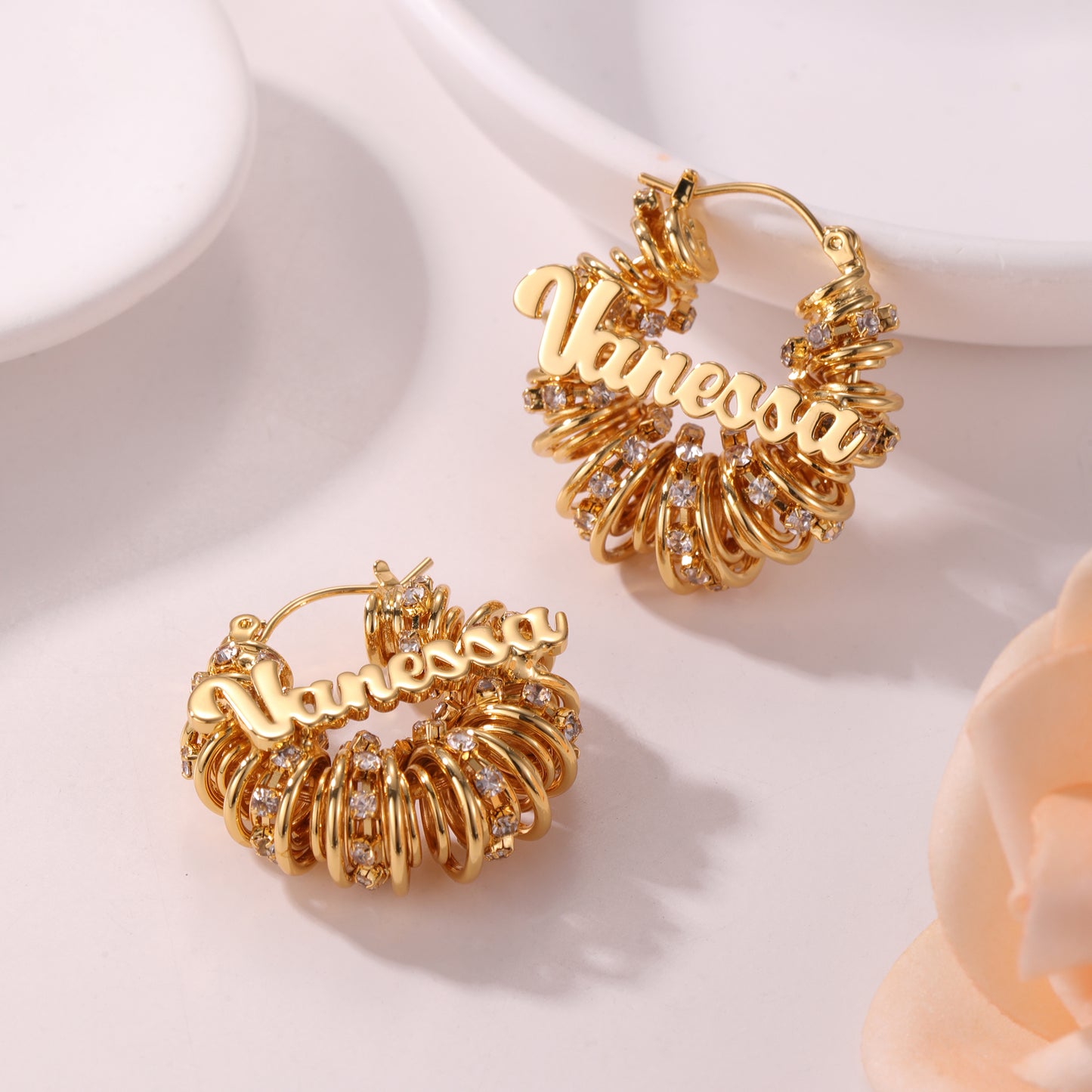 Personalized Name Hoop Earrings – Custom Gold Crystal Name Earrings for Women-QE3606