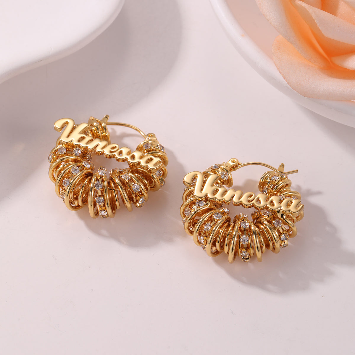 Personalized Name Hoop Earrings – Custom Gold Crystal Name Earrings for Women-QE3606