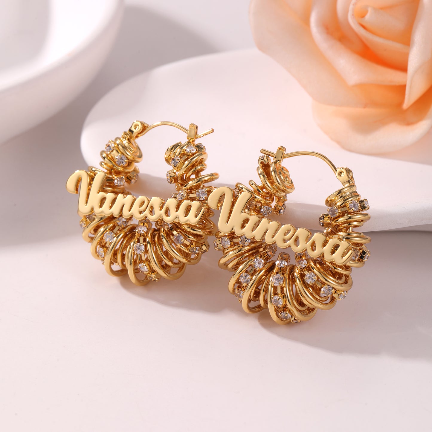 Personalized Name Hoop Earrings – Custom Gold Crystal Name Earrings for Women-QE3606
