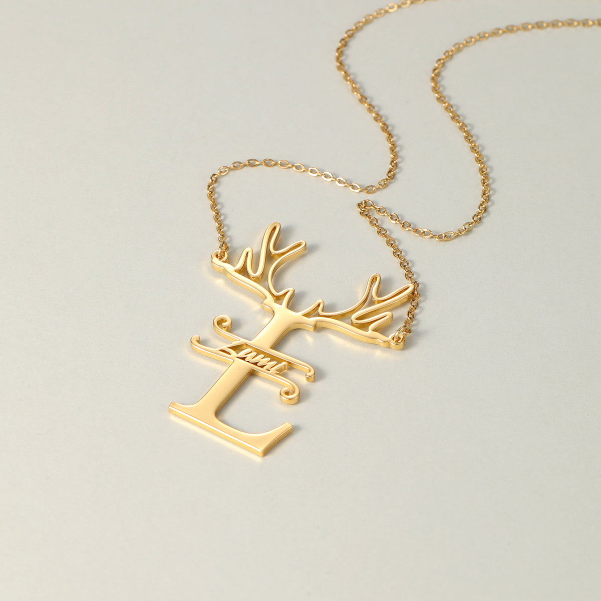 Custom Reindeer Antler Initial Name Necklace, Christmas Gift for Her-QN3889