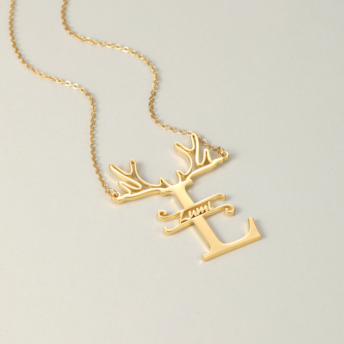 Custom Reindeer Antler Initial Name Necklace, Christmas Gift for Her-QN3889