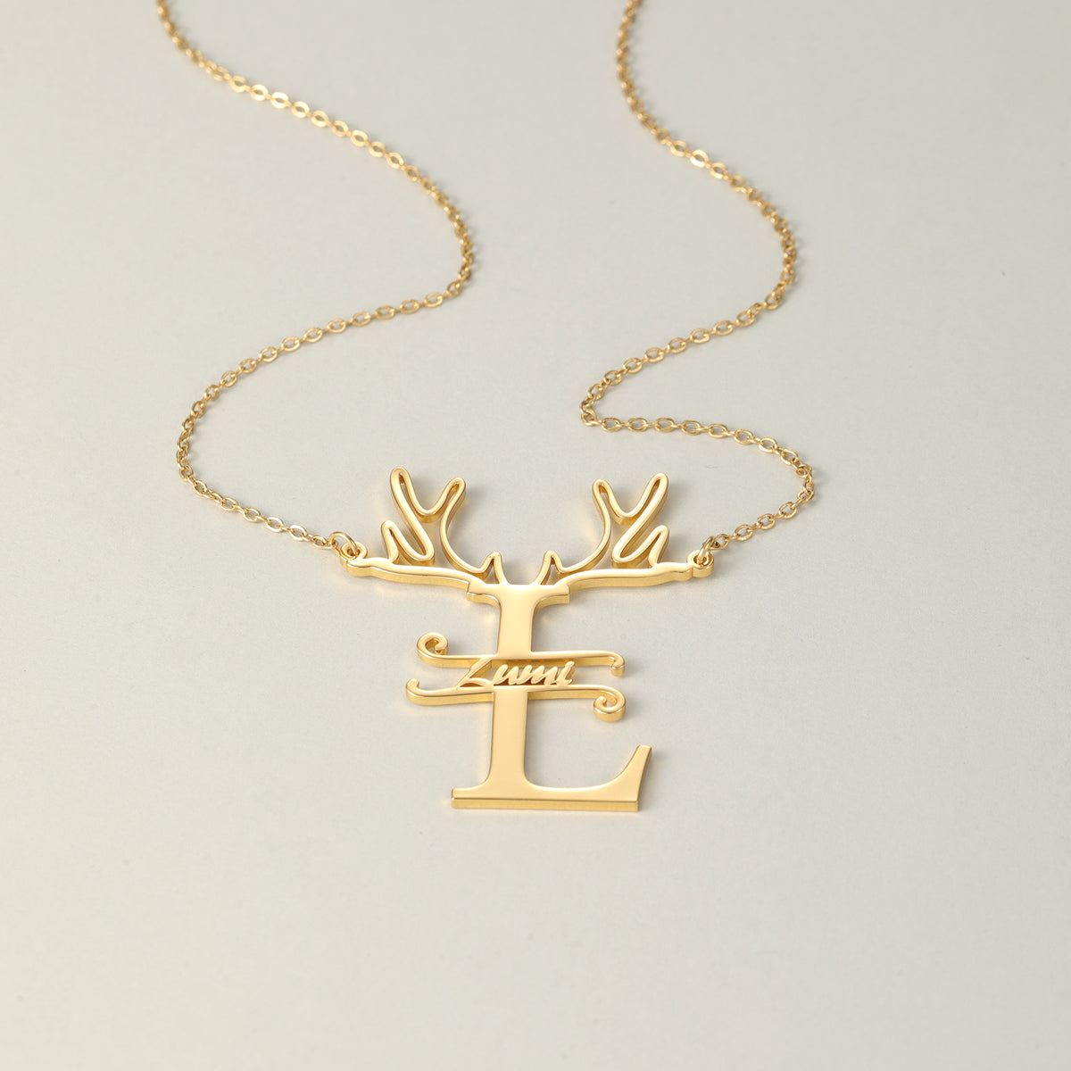 Custom Reindeer Antler Initial Name Necklace, Christmas Gift for Her-QN3889