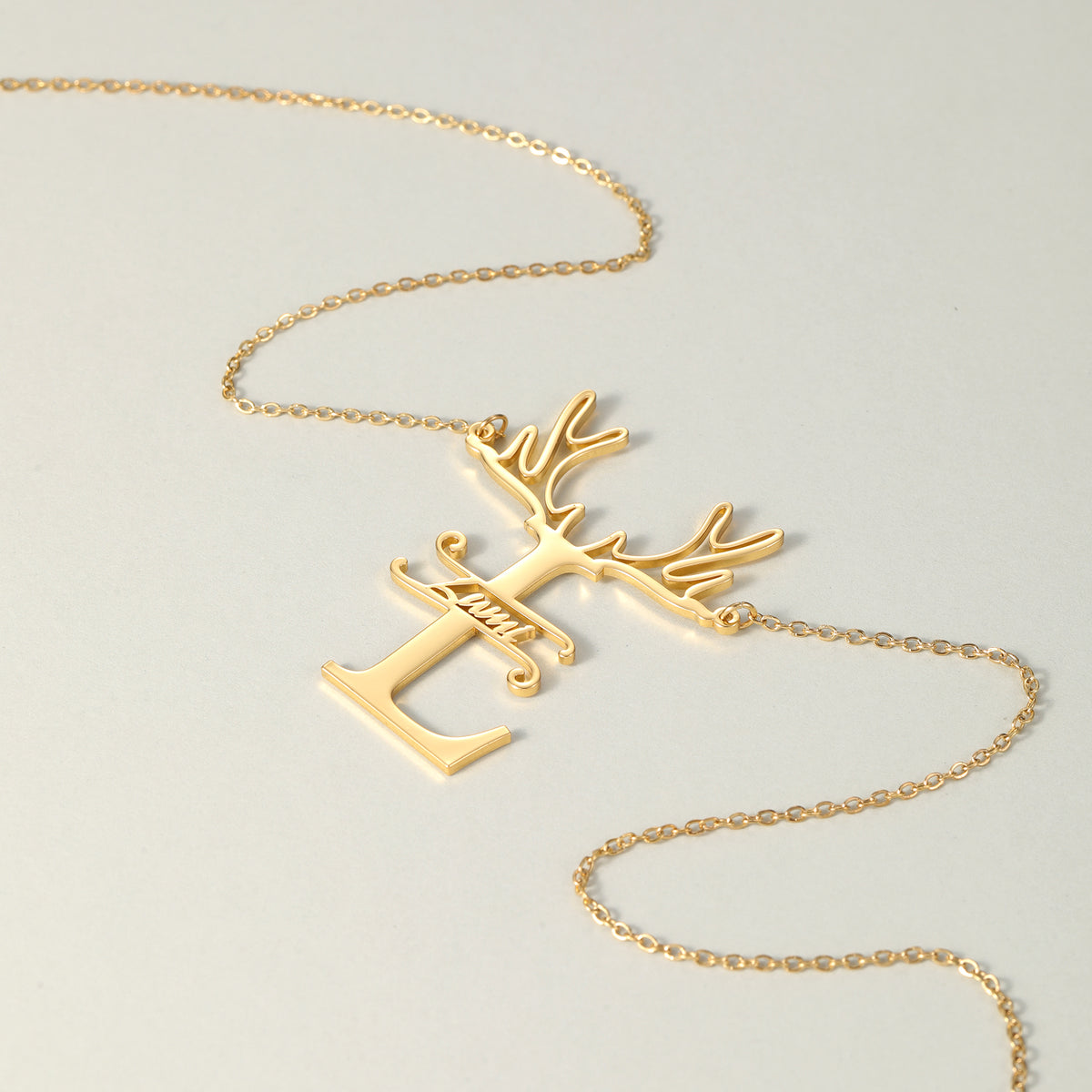 Custom Reindeer Antler Initial Name Necklace, Christmas Gift for Her-QN3889
