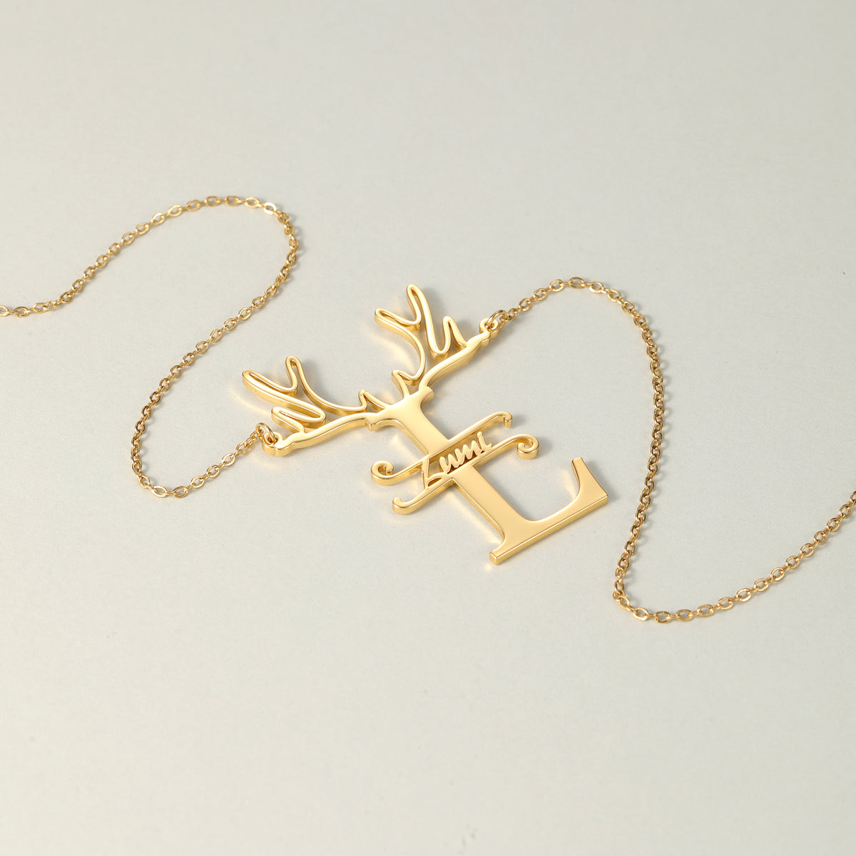 Custom Reindeer Antler Initial Name Necklace, Christmas Gift for Her-QN3889