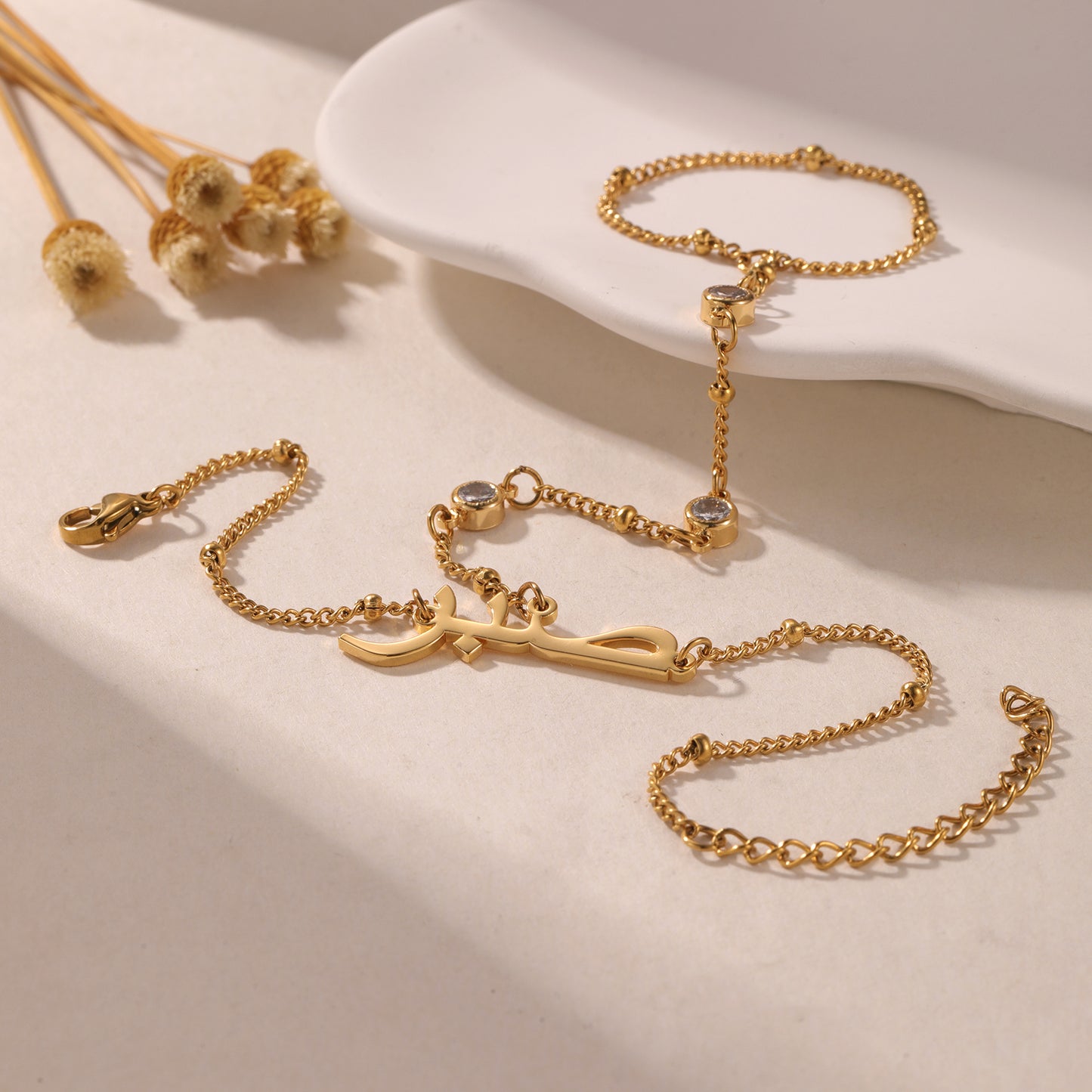 Custom Arabic Name Bracelet Personalized Name Ring Hand Chain Stainless Steel Jewelry For Women-QN3541