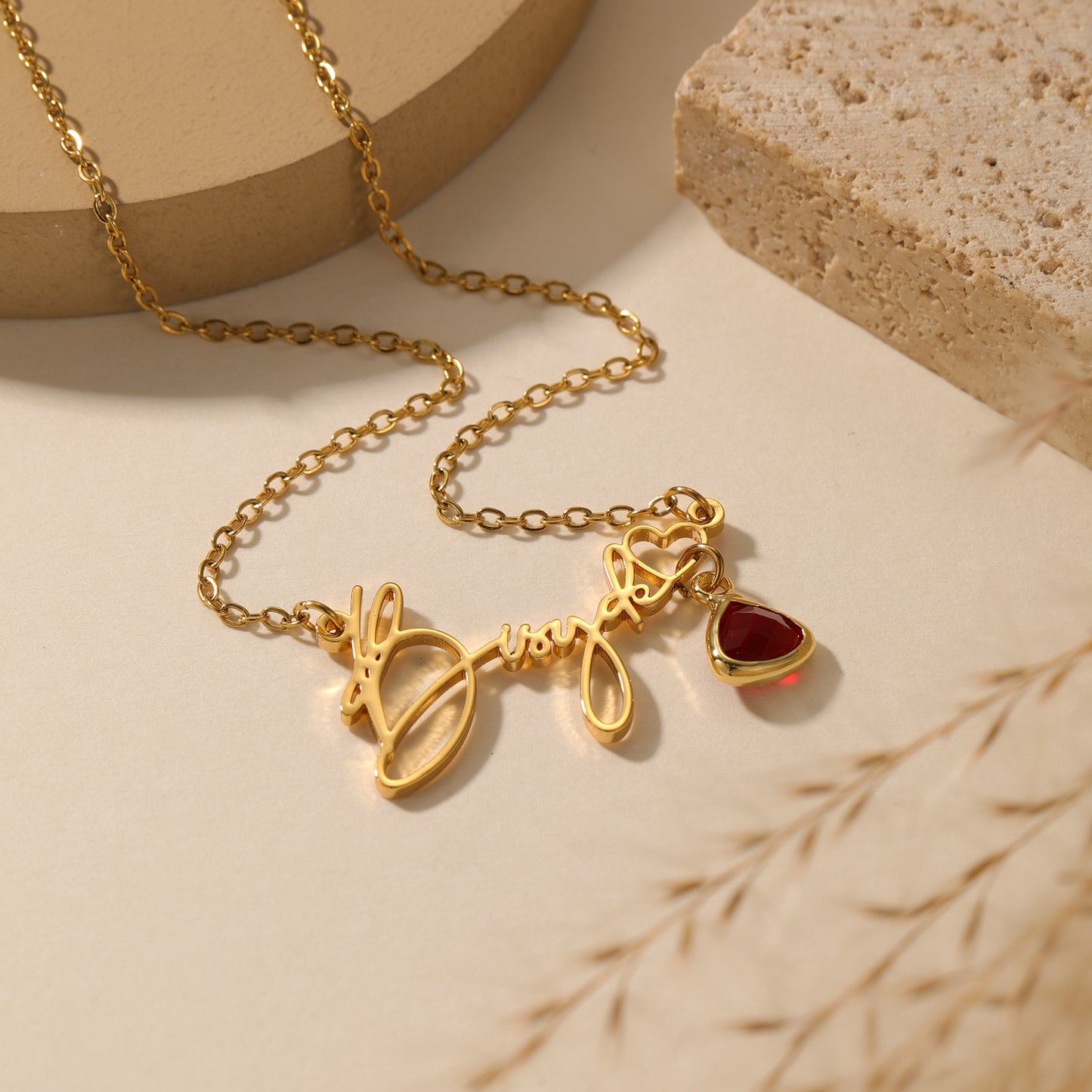 Custom Handwritten Name Necklace With Heart And Birthstone - QCN3563