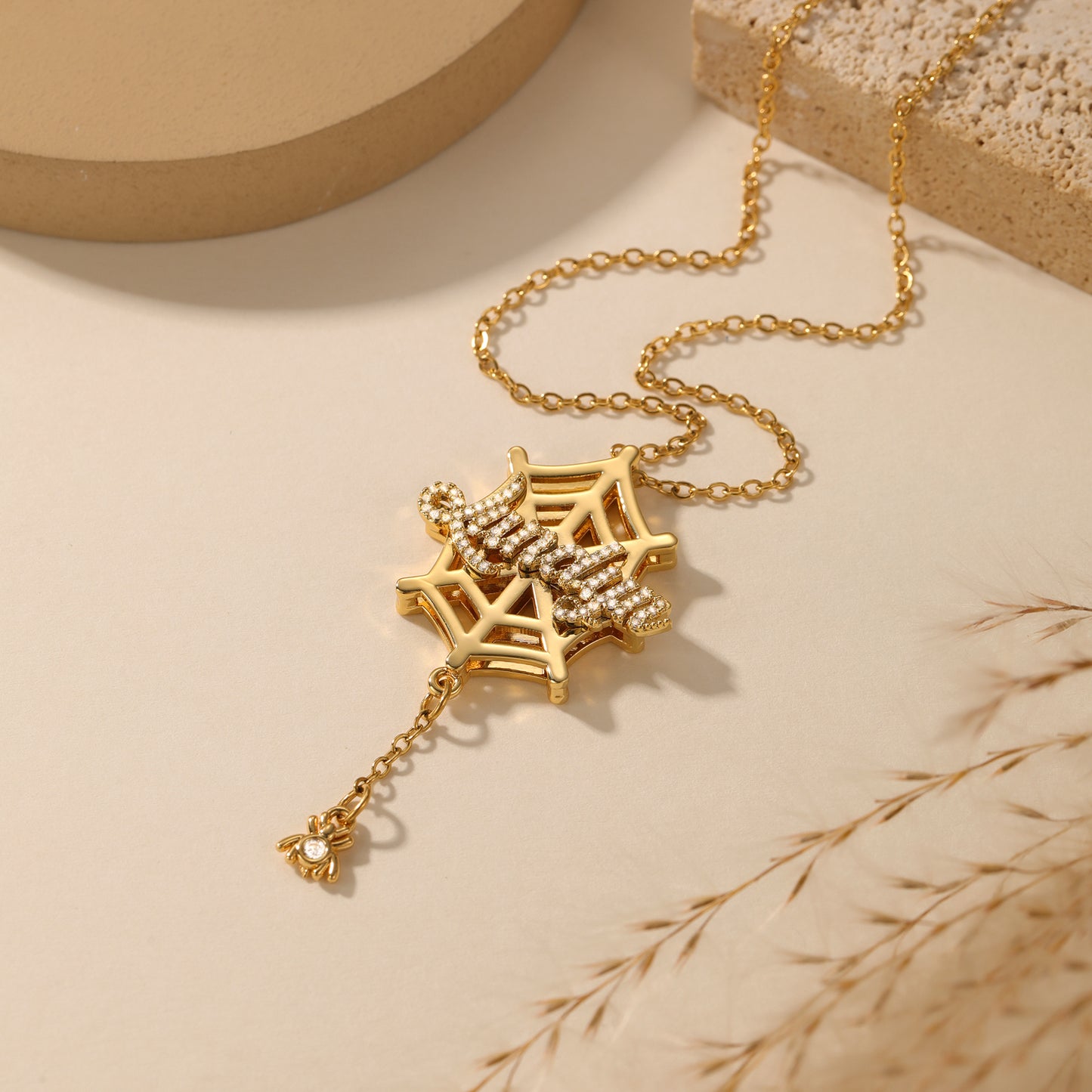 Custom Spider Web Name Necklace Diamond Accent Gothic Font Spider Charm Pendant Alternative Jewelry Halloween Christmas Present-3DN3565