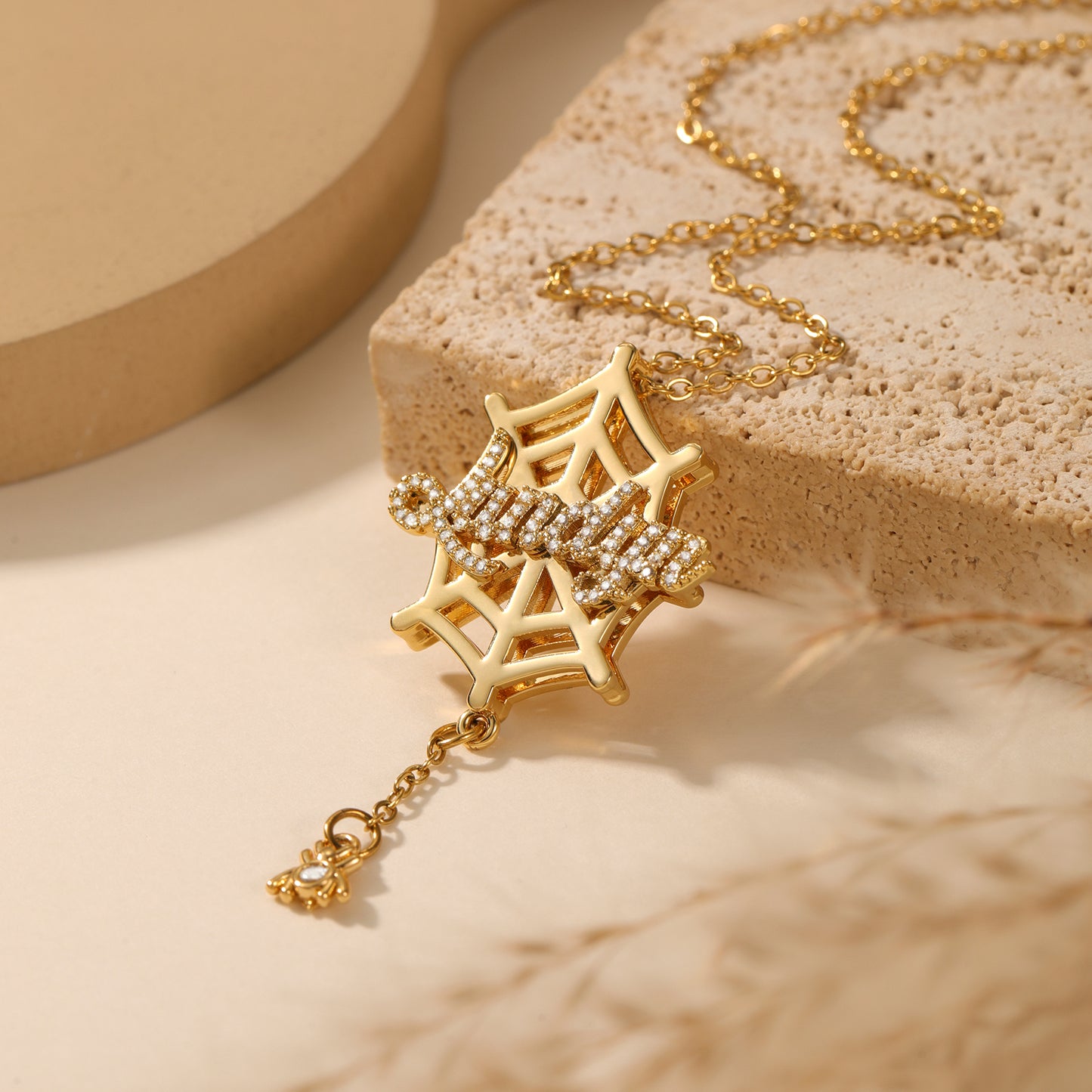 Custom Spider Web Name Necklace Diamond Accent Gothic Font Spider Charm Pendant Alternative Jewelry Halloween Christmas Present-3DN3565
