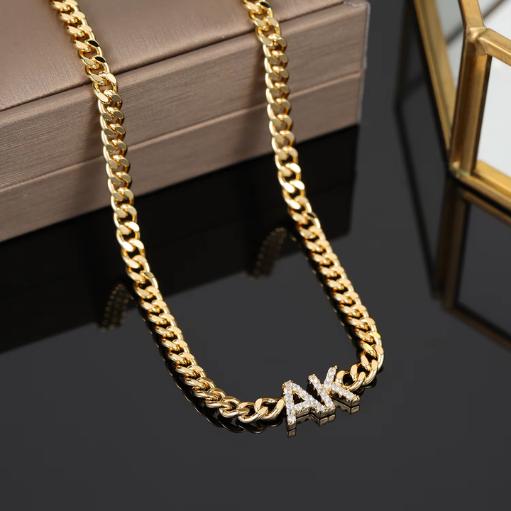 Custom Zircon Letter Cuban Chain Necklace, Personalized Stainless Steel Nameplate Jewelry Gift for Women-QN8081