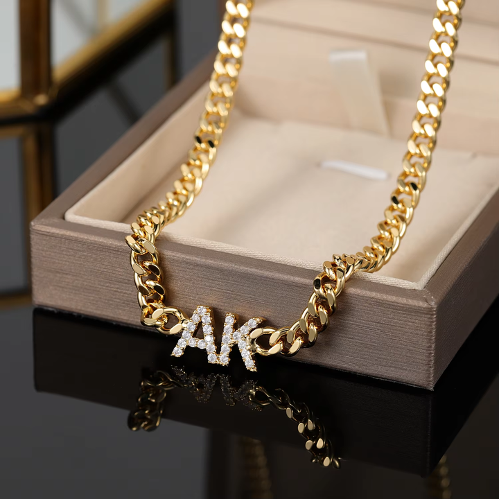 Custom Zircon Letter Cuban Chain Necklace, Personalized Stainless Steel Nameplate Jewelry Gift for Women-QN8081