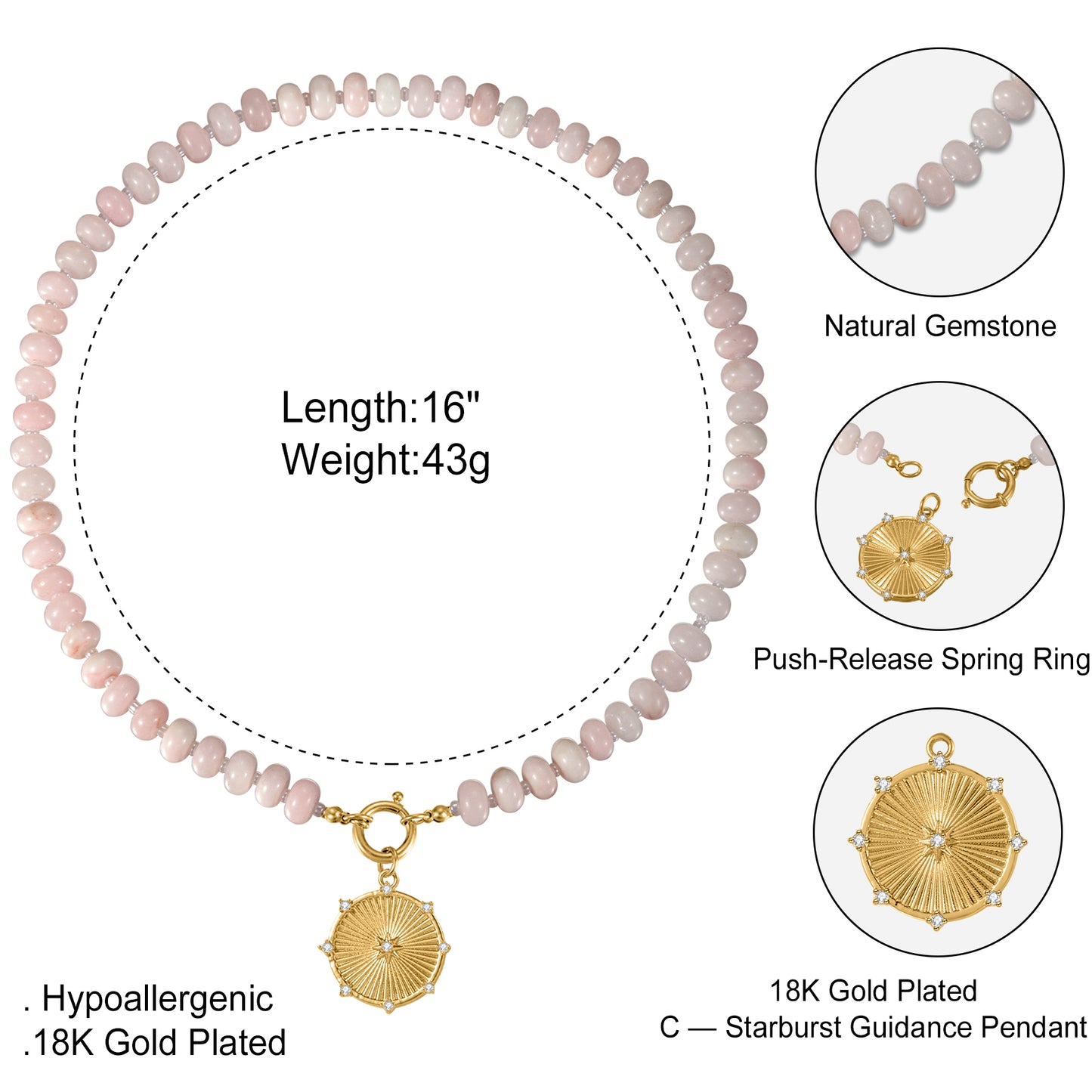 Pink Rose Quartz Natural Stone Beaded Necklace with Gold Heart Charm Bohemian Jewelry - SSN3697