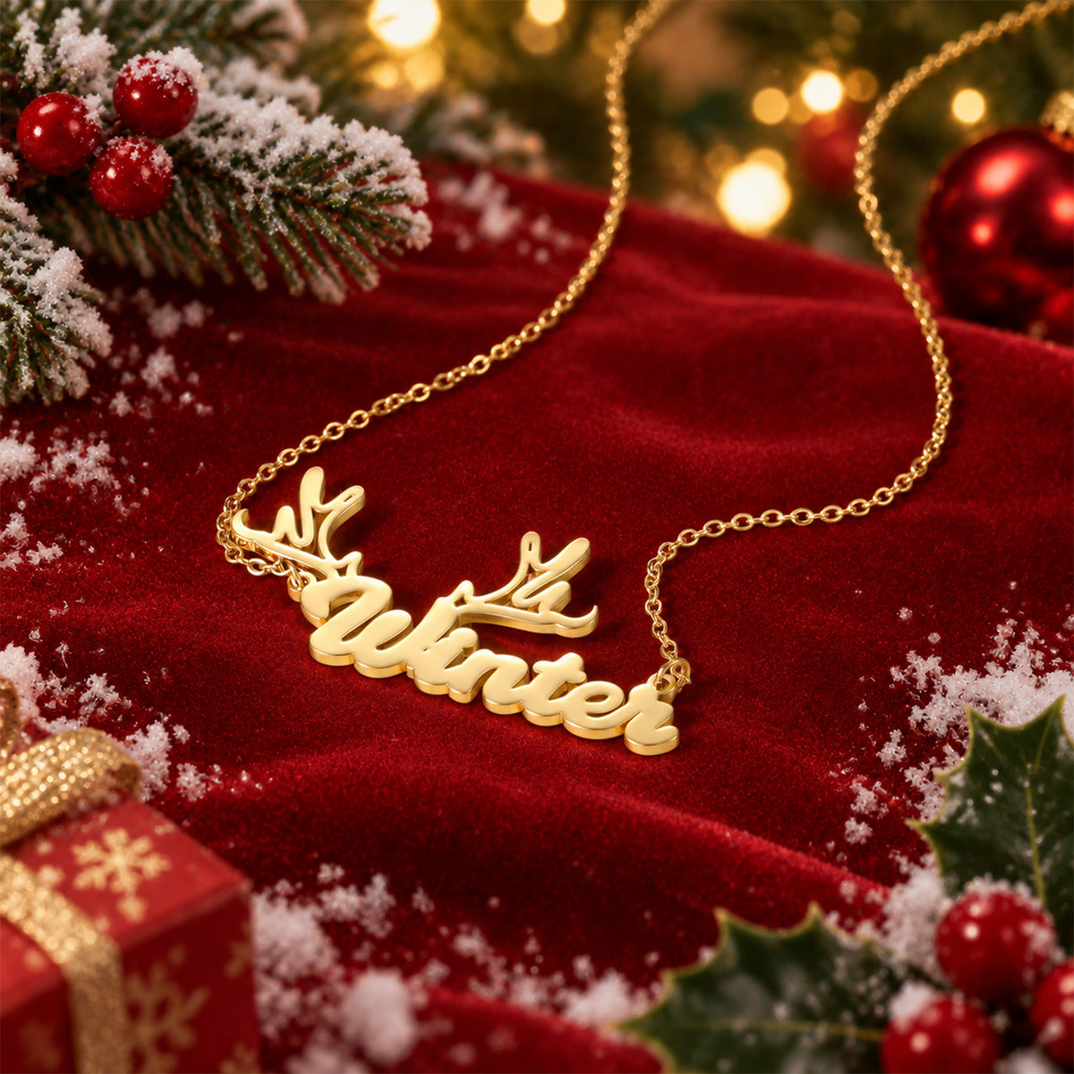 Custom Reindeer Antler Name Necklace, Christmas Winter Gift for Her-QN3890