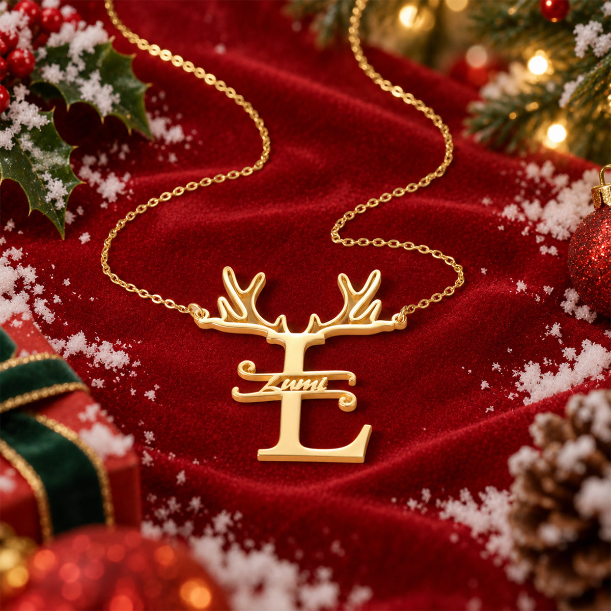Custom Reindeer Antler Initial Name Necklace, Christmas Gift for Her-QN3889