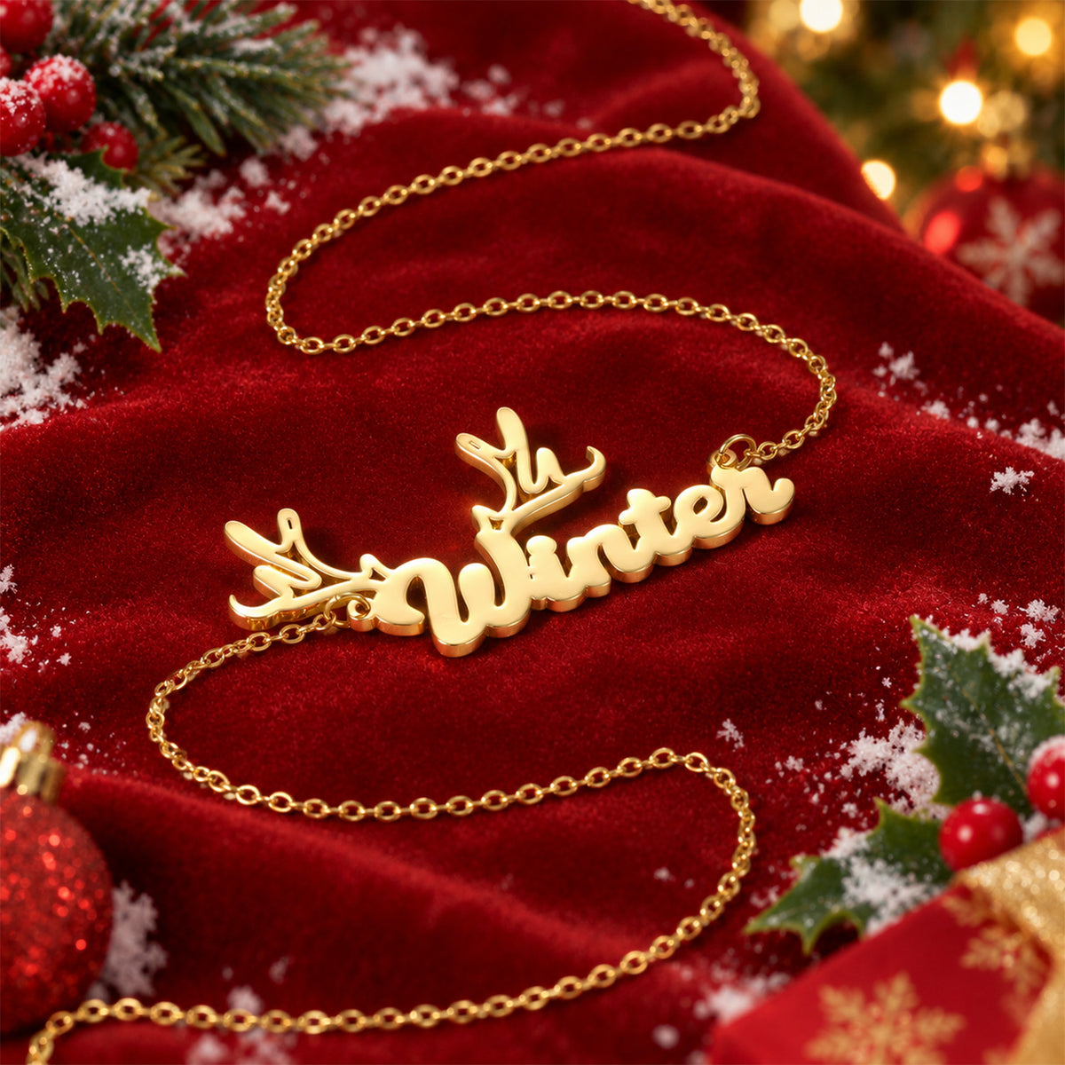 Custom Reindeer Antler Name Necklace, Christmas Winter Gift for Her-QN3890
