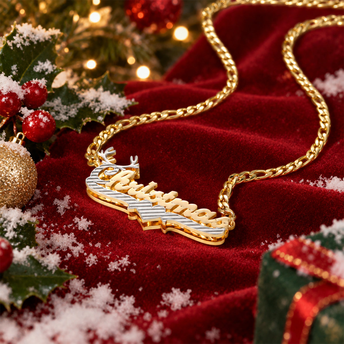 Custom Two-Tone Reindeer Name Necklace, Christmas Gift for Her-SSN3893