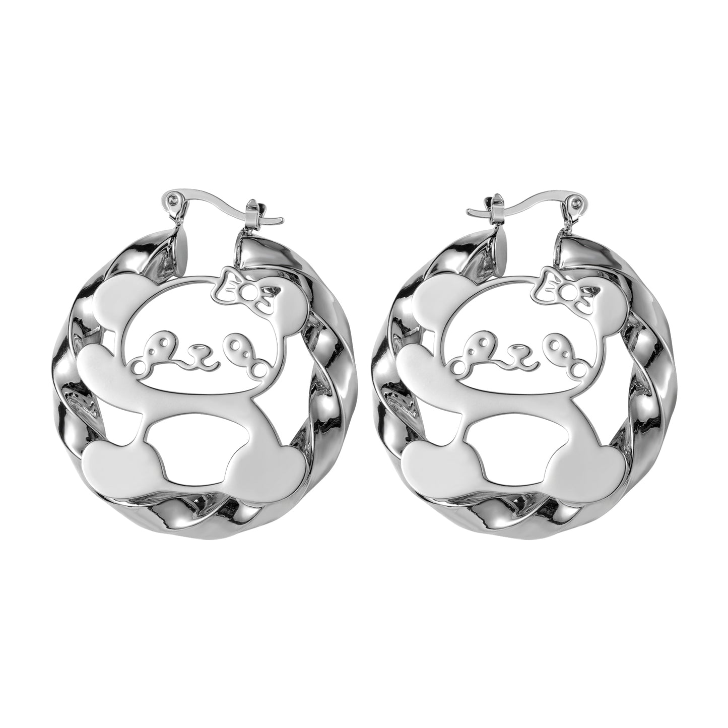 Kids Bear Hoop Earrings, Hollow Cutout Bow Bear Twisted Loop Earrings,  Children Fashion Earrings-HE3665
