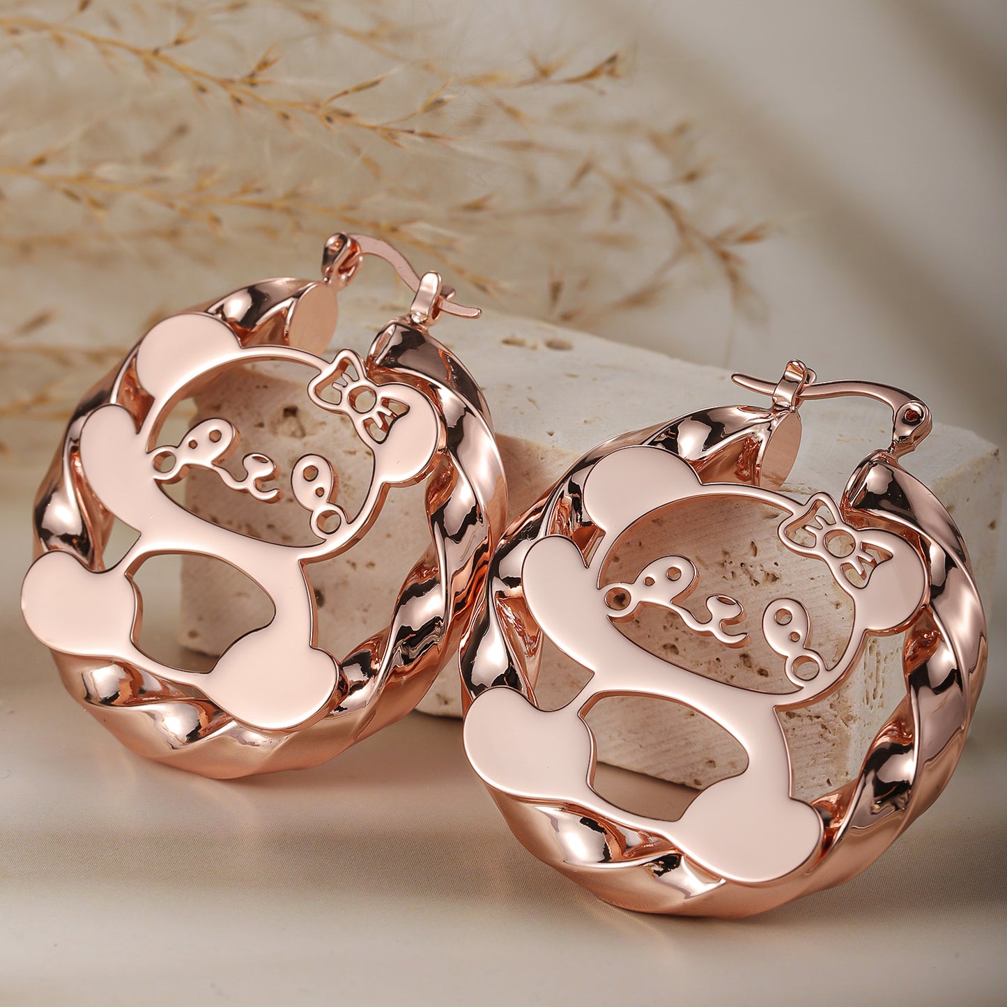 Kids Bear Hoop Earrings, Hollow Cutout Bow Bear Twisted Loop Earrings,  Children Fashion Earrings-HE3665