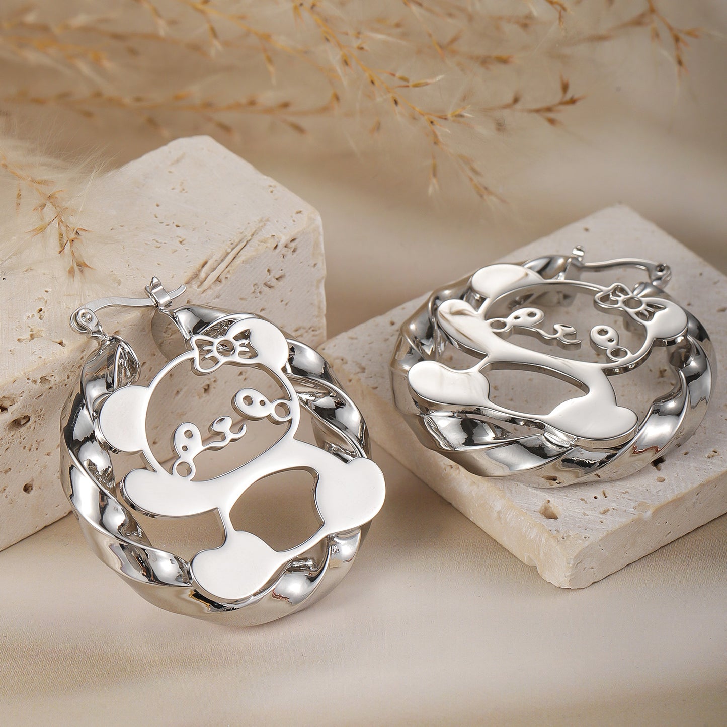Kids Bear Hoop Earrings, Hollow Cutout Bow Bear Twisted Loop Earrings,  Children Fashion Earrings-HE3665