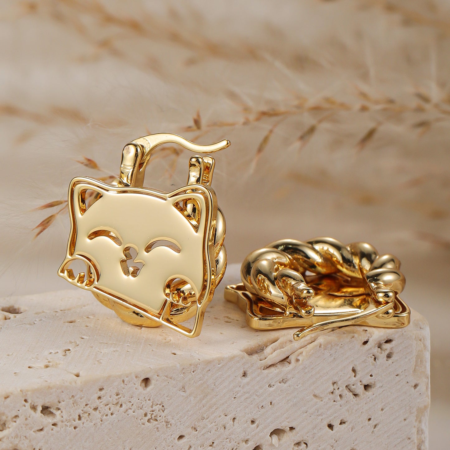 Cartoon Cat Twisted Hoop Earrings , Stainless Steel Gold Tone Hoop Earrings, Kids Cartoon Animal Fashion Ear Jewelry Gift -HE3664