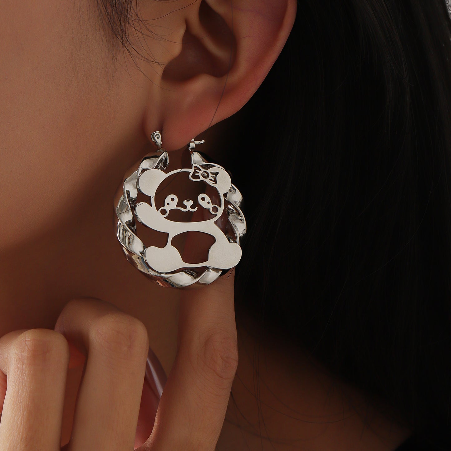 Kids Bear Hoop Earrings, Hollow Cutout Bow Bear Twisted Loop Earrings,  Children Fashion Earrings-HE3665