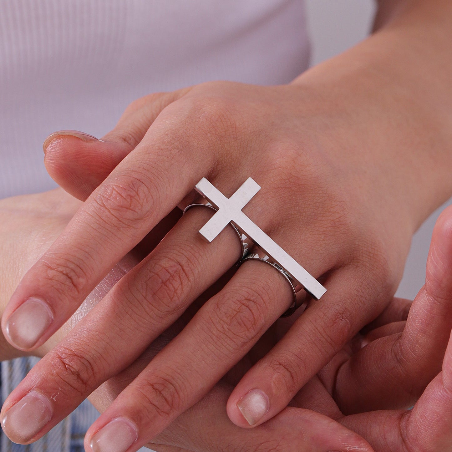 Custom Name Cross 18k Gold Plating Rings For Two Fingers - QHR3577