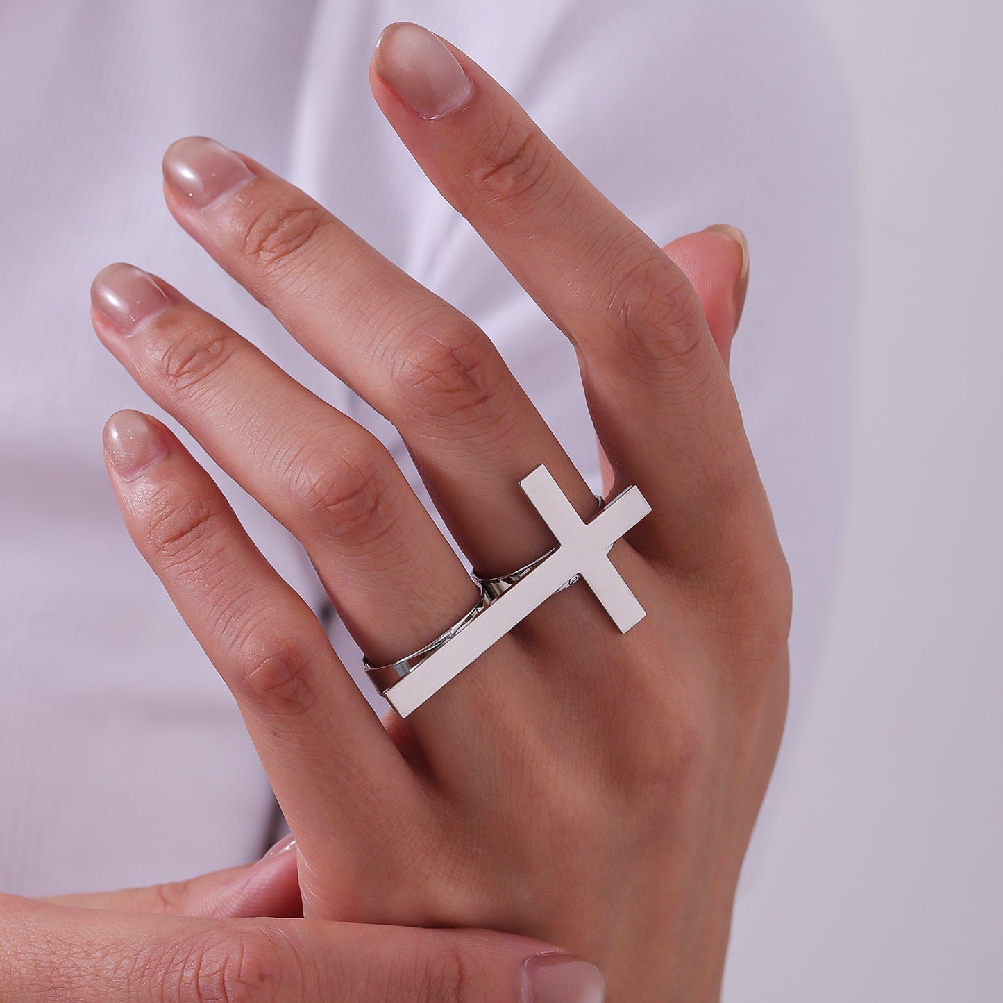 Custom Name Cross 18k Gold Plating Rings For Two Fingers - QHR3577