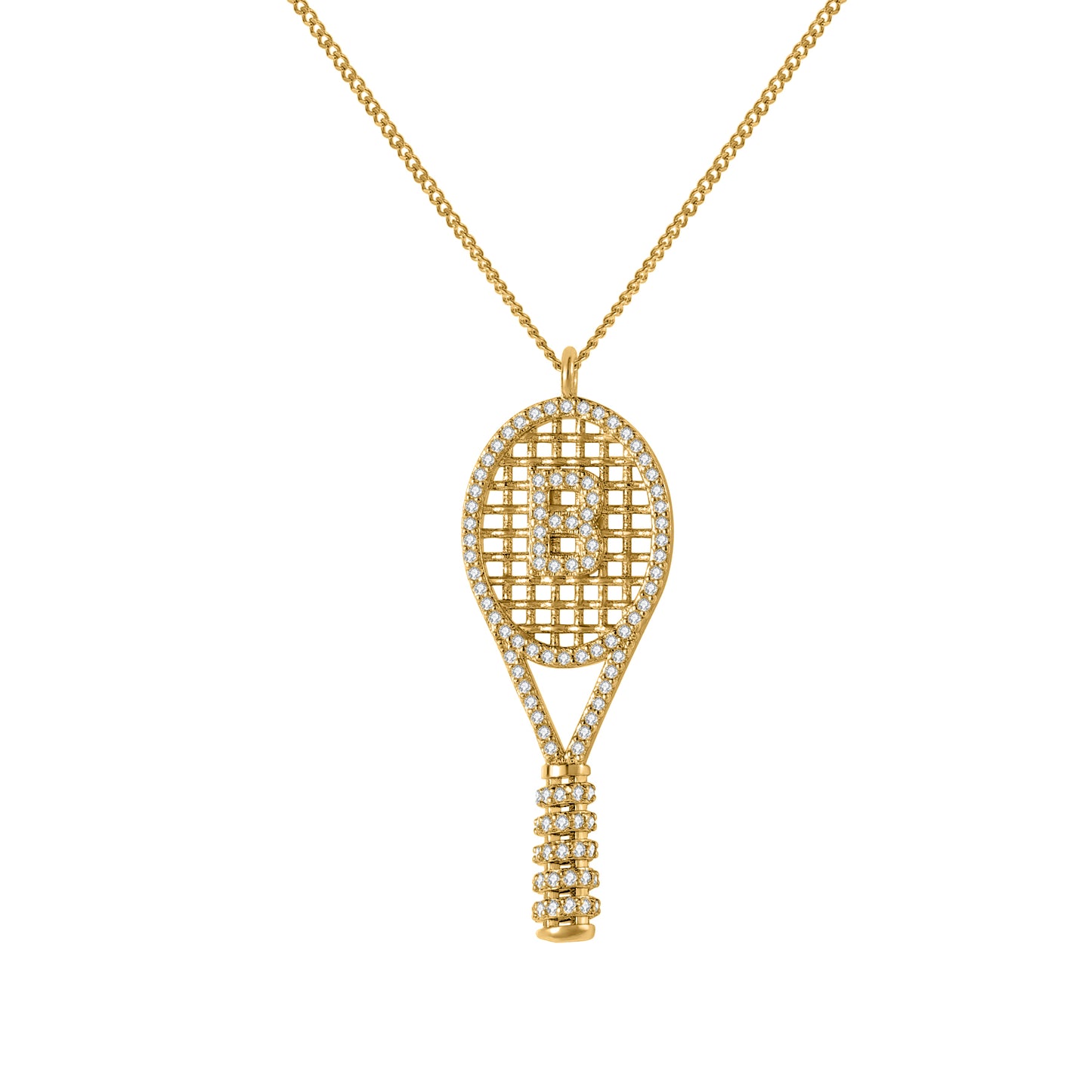 Custom Initial Tennis Racket Necklace, Zircon Paved Tennis Paddle Pendant Gold Sports Jewelry Gift-3DN3671