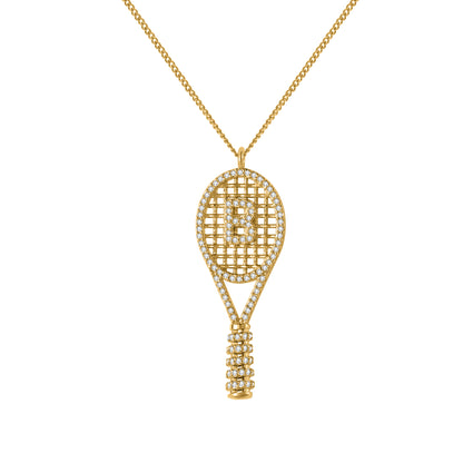 Custom Initial Tennis Racket Necklace, Zircon Paved Tennis Paddle Pendant Gold Sports Jewelry Gift-3DN3671