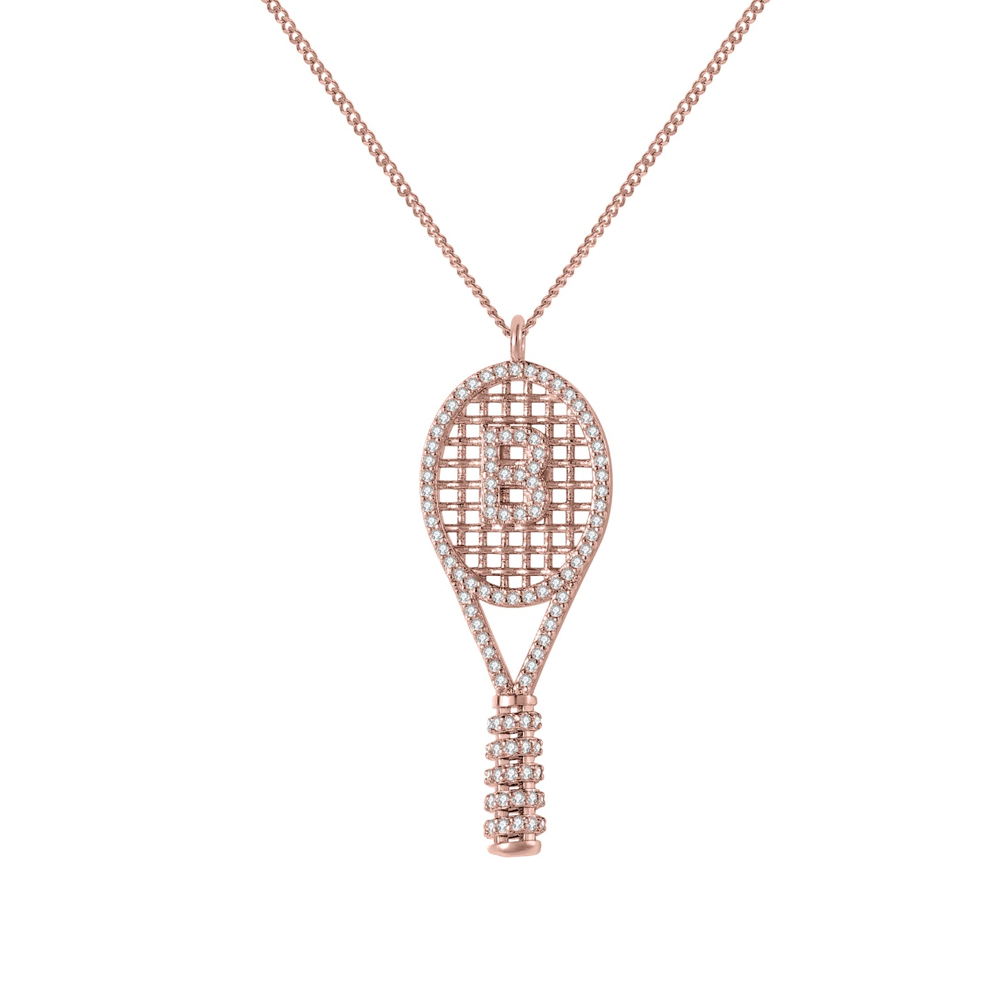 Custom Initial Tennis Racket Necklace, Zircon Paved Tennis Paddle Pendant Gold Sports Jewelry Gift-3DN3671