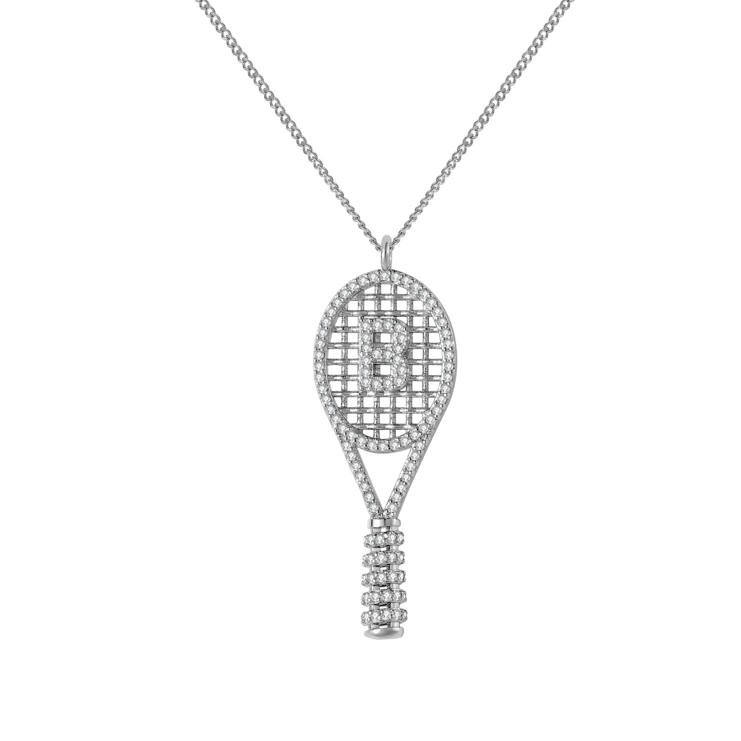 Custom Initial Tennis Racket Necklace, Zircon Paved Tennis Paddle Pendant Gold Sports Jewelry Gift-3DN3671