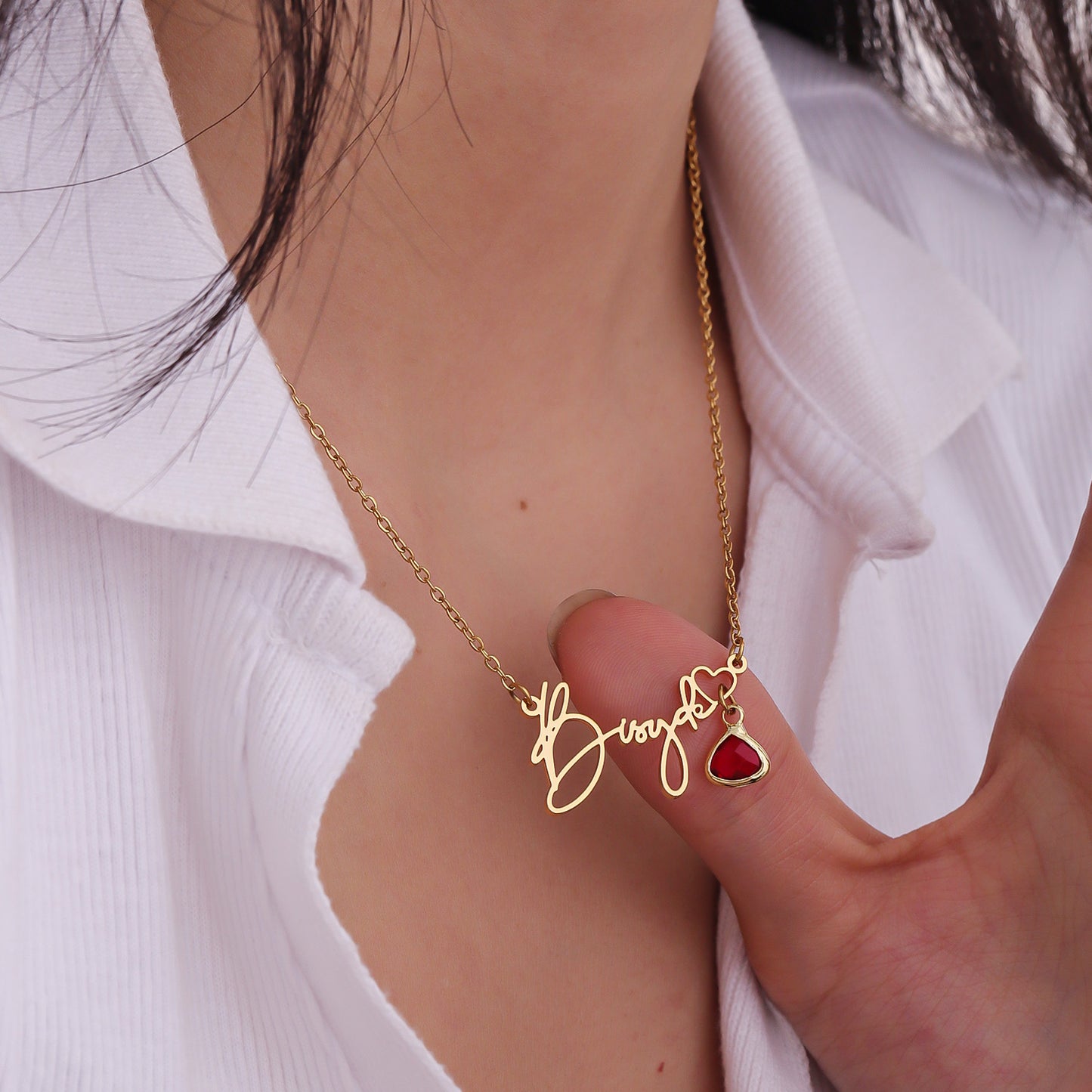 Custom Handwritten Name Necklace With Heart And Birthstone - QCN3563
