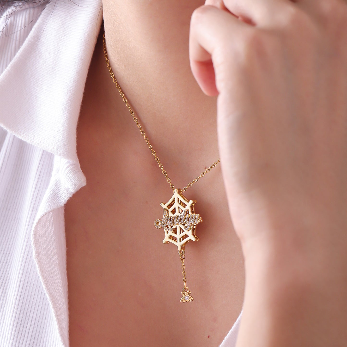 Custom Spider Web Name Necklace Diamond Accent Gothic Font Spider Charm Pendant Alternative Jewelry Halloween Christmas Present-3DN3565