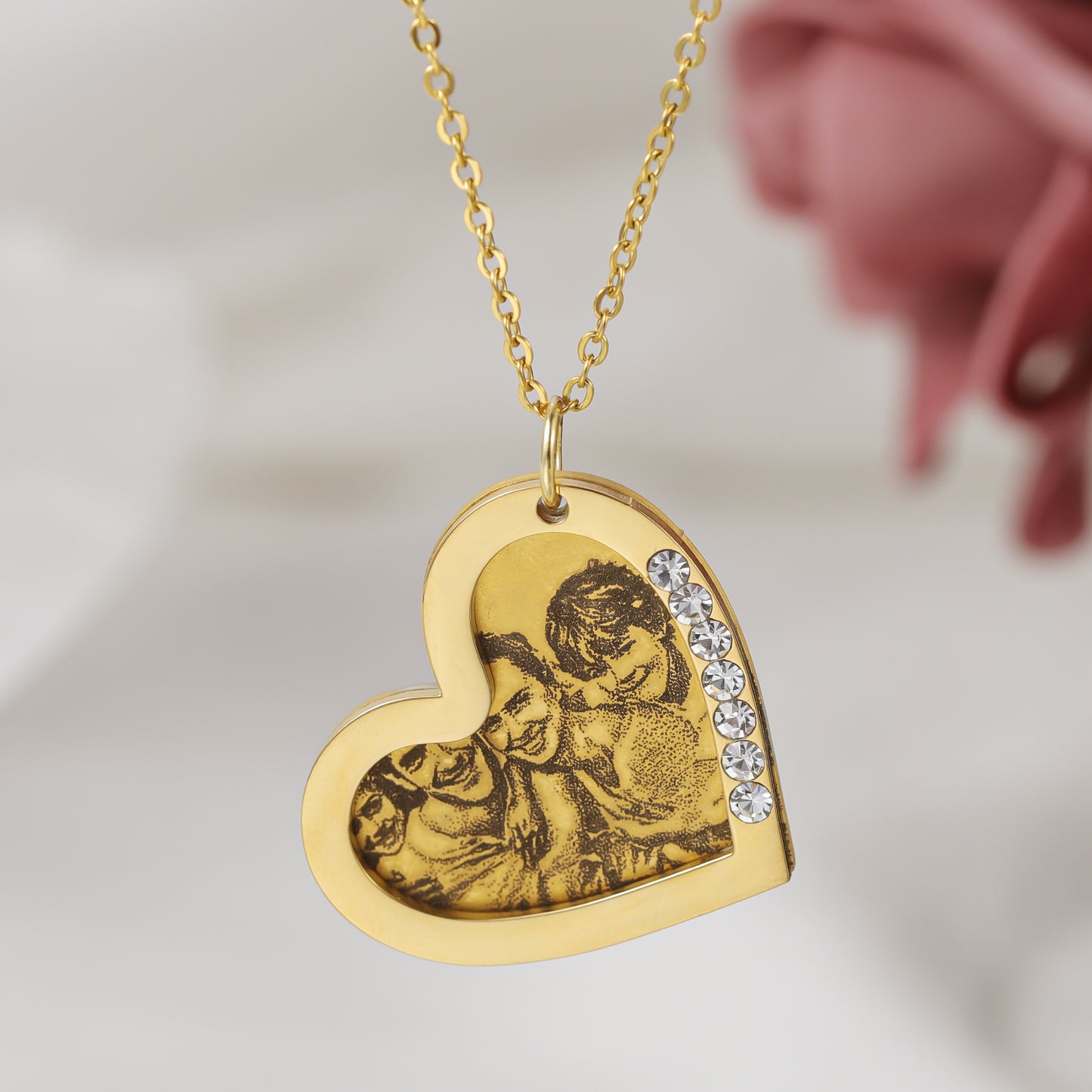Custom Picture Engraved Heart Diamond Necklace QND3069