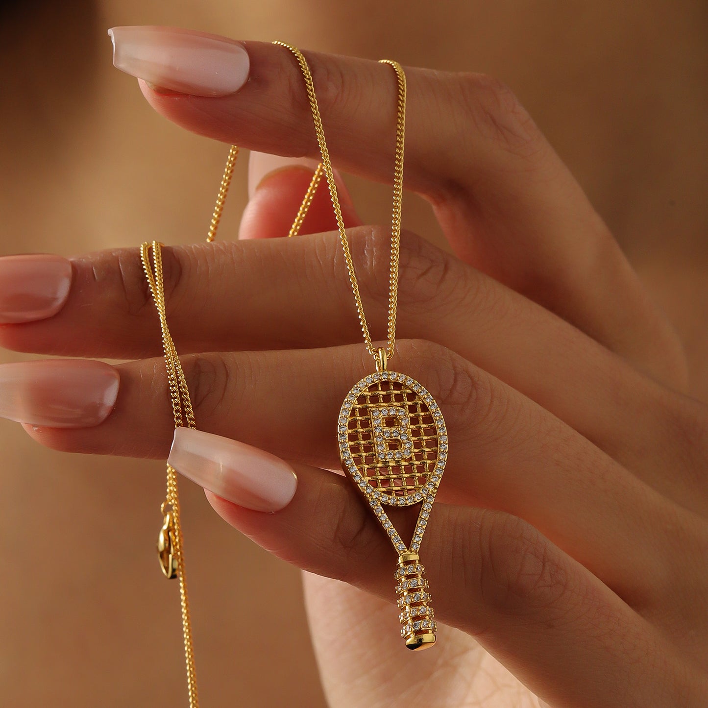 Custom Initial Tennis Racket Necklace, Zircon Paved Tennis Paddle Pendant Gold Sports Jewelry Gift-3DN3671