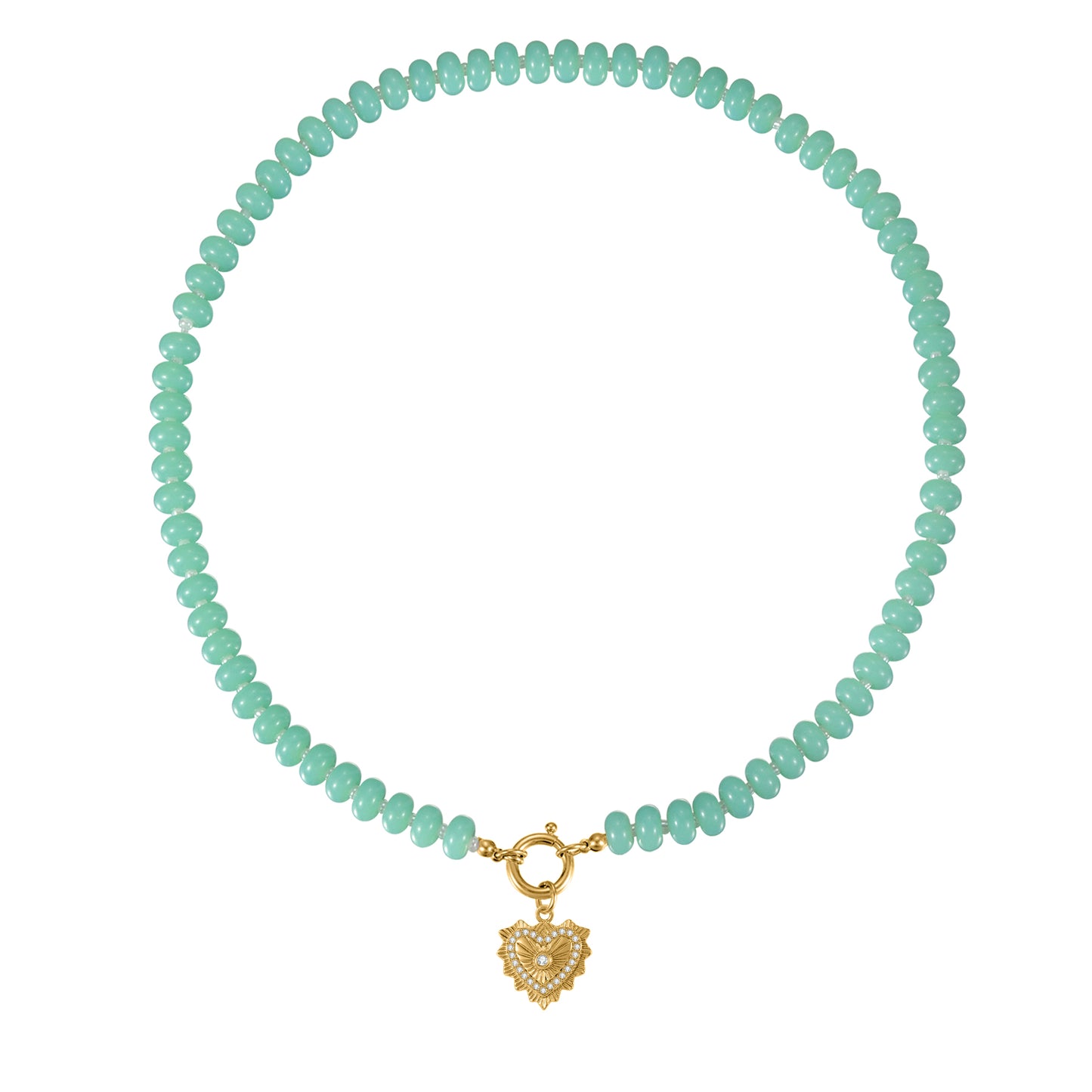 Mint Green Natural Stone Beaded Necklace with Heart Charm Bohemian Jewelry - SSN3696
