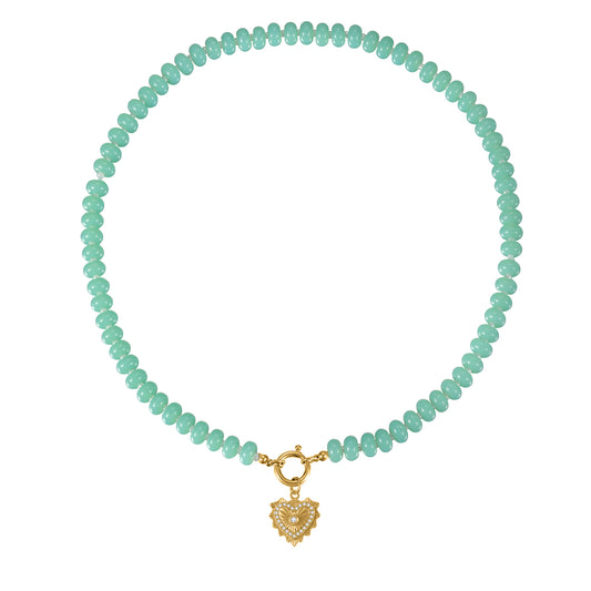Mint Green Natural Stone Beaded Necklace with Heart Charm Bohemian Jewelry - SSN3696