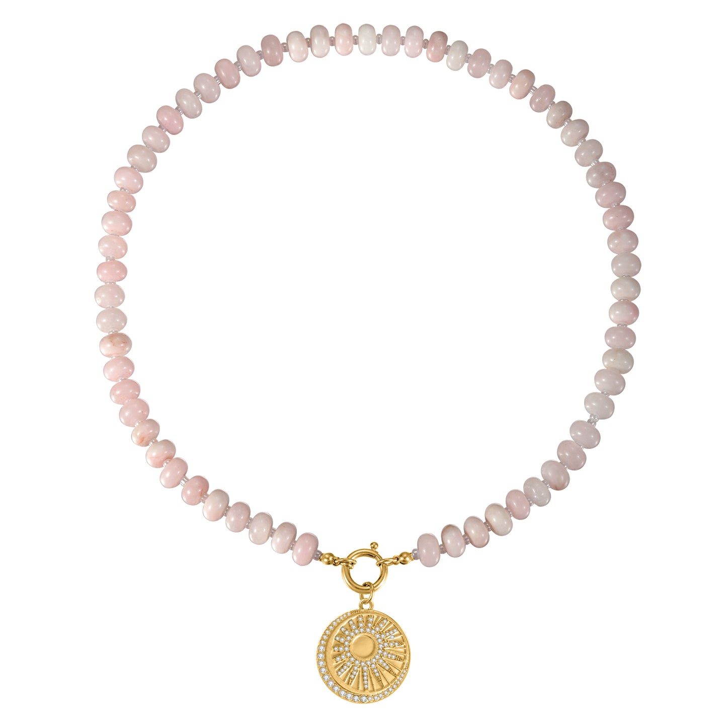 Pink Rose Quartz Natural Stone Beaded Necklace with Gold Heart Charm Bohemian Jewelry - SSN3697