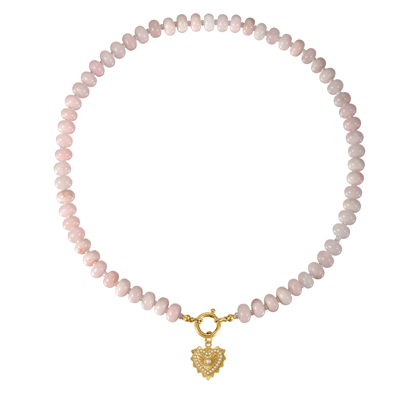 Pink Rose Quartz Natural Stone Beaded Necklace with Gold Heart Charm Bohemian Jewelry - SSN3697