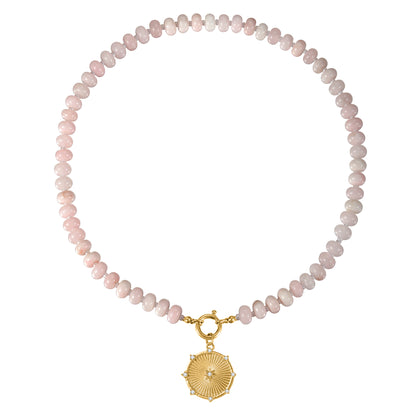 Pink Rose Quartz Natural Stone Beaded Necklace with Gold Heart Charm Bohemian Jewelry - SSN3697
