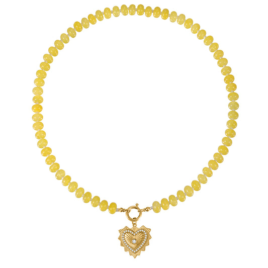 Yellow Quartz Natural Stone Beaded Necklace with Gold Heart Charm Bohemian Jewelry - SSN3698