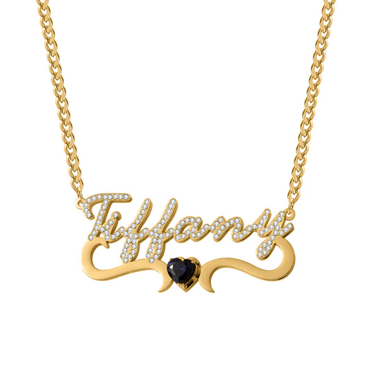 Custom Iced Out Name Necklace With Heart Birthstone  Stainless Steel Jewelry For Women Anniversary-QHN3674