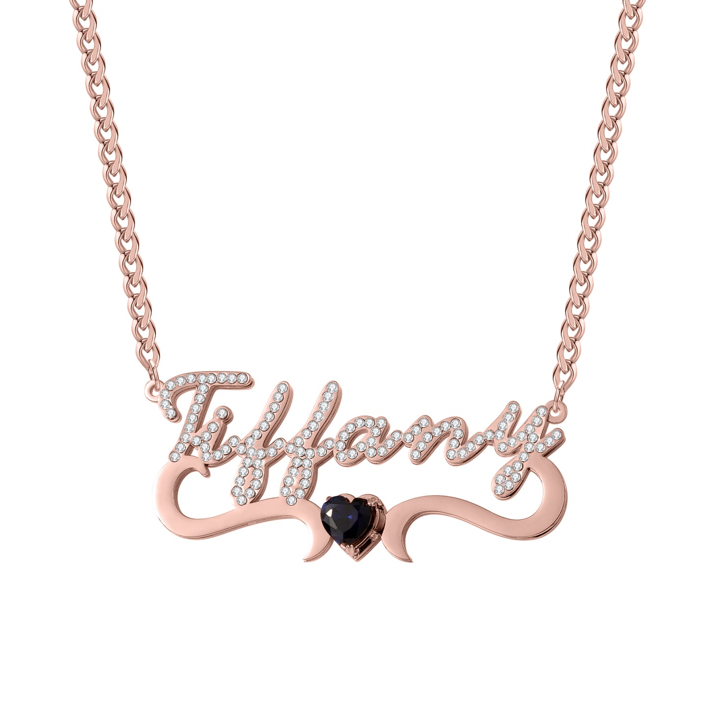 Custom Iced Out Name Necklace With Heart Birthstone  Stainless Steel Jewelry For Women Anniversary-QHN3674