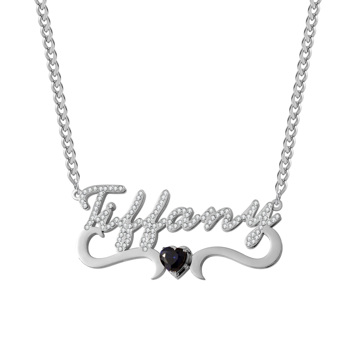 Custom Iced Out Name Necklace With Heart Birthstone  Stainless Steel Jewelry For Women Anniversary-QHN3674