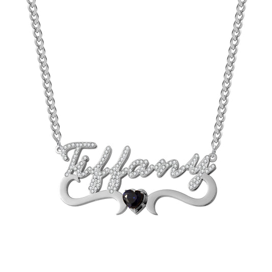Custom Iced Out Name Necklace With Heart Birthstone  Stainless Steel Jewelry For Women Anniversary-QHN3674