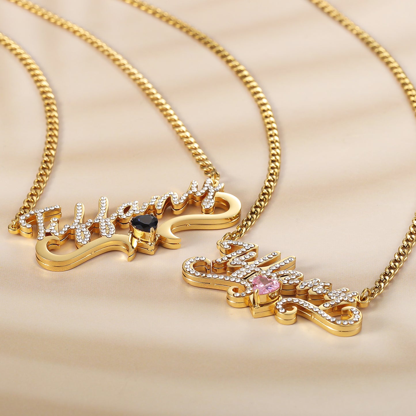 Custom Iced Out Name Necklace With Heart Birthstone  Stainless Steel Jewelry For Women Anniversary-QHN3674