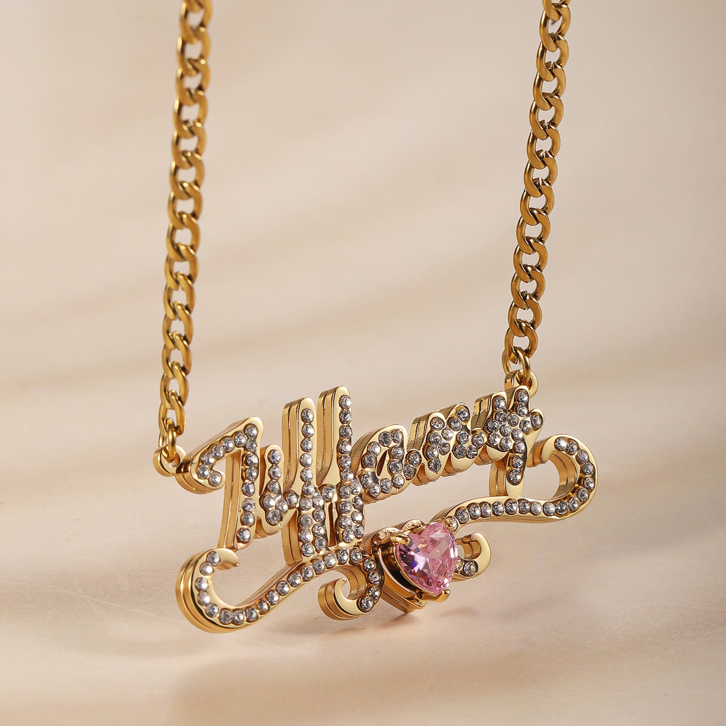 Custom Iced Out Name Necklace With Heart Birthstone  Stainless Steel Jewelry For Women Anniversary-QHN3674