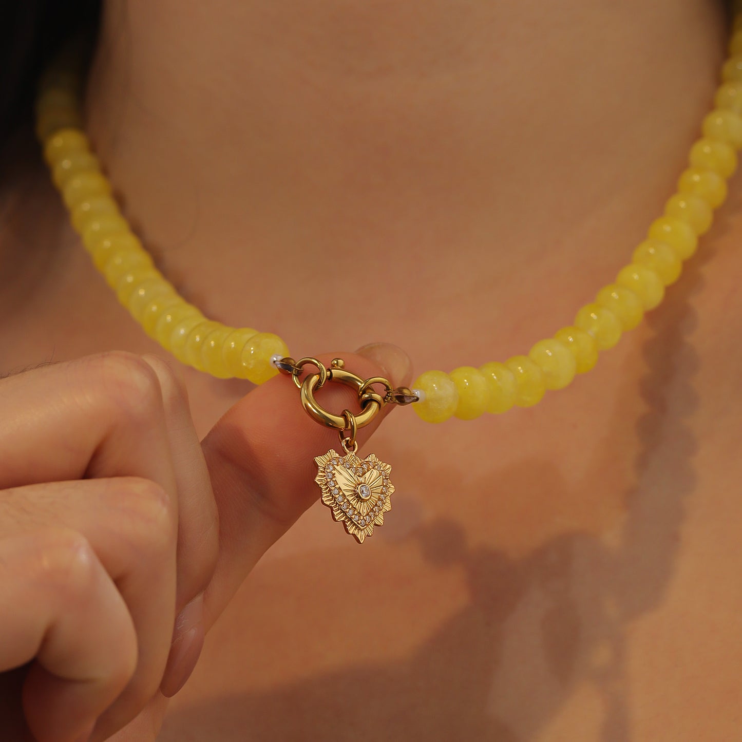 Yellow Quartz Natural Stone Beaded Necklace with Gold Heart Charm Bohemian Jewelry - SSN3698