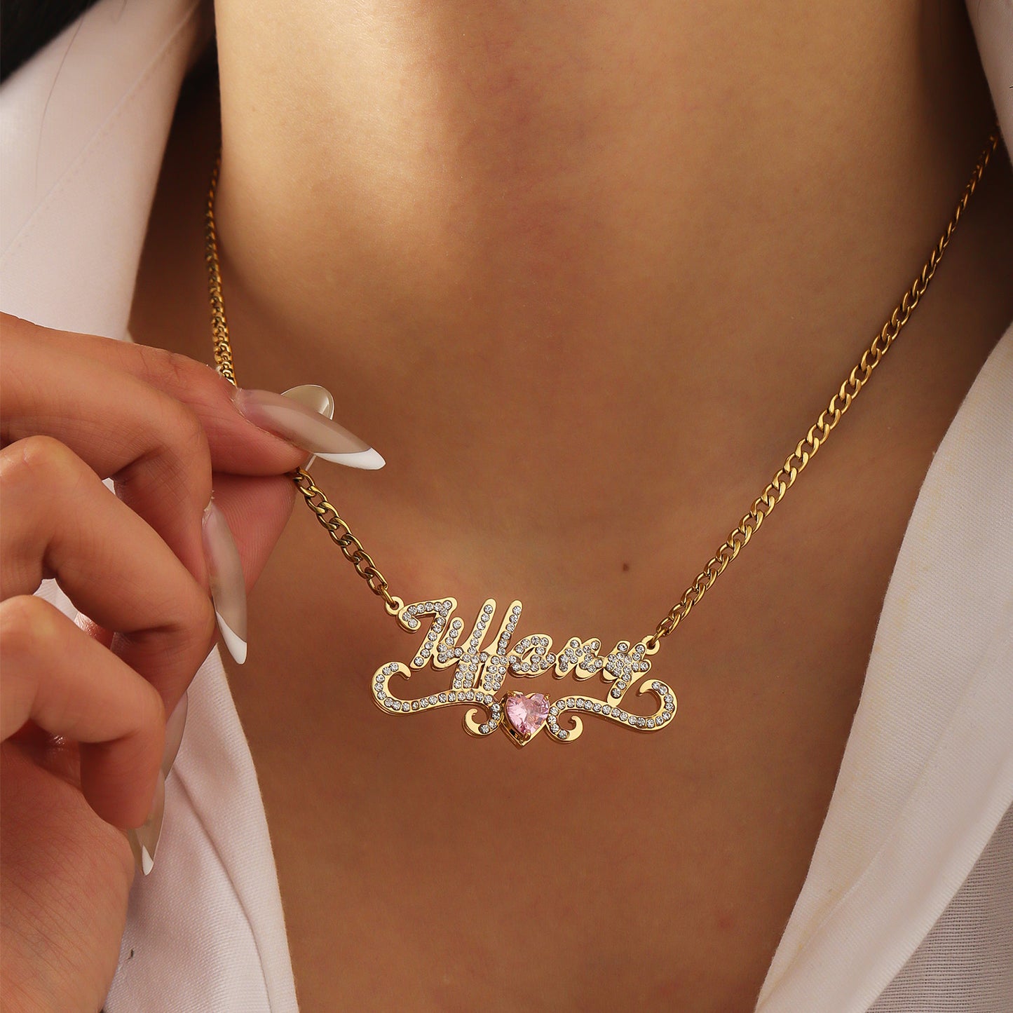 Custom Iced Out Name Necklace With Heart Birthstone  Stainless Steel Jewelry For Women Anniversary-QHN3674